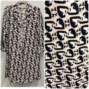 Annelore Cat Novelty Print Long Sleeve Button Down Dress Sz 8 Pink Black